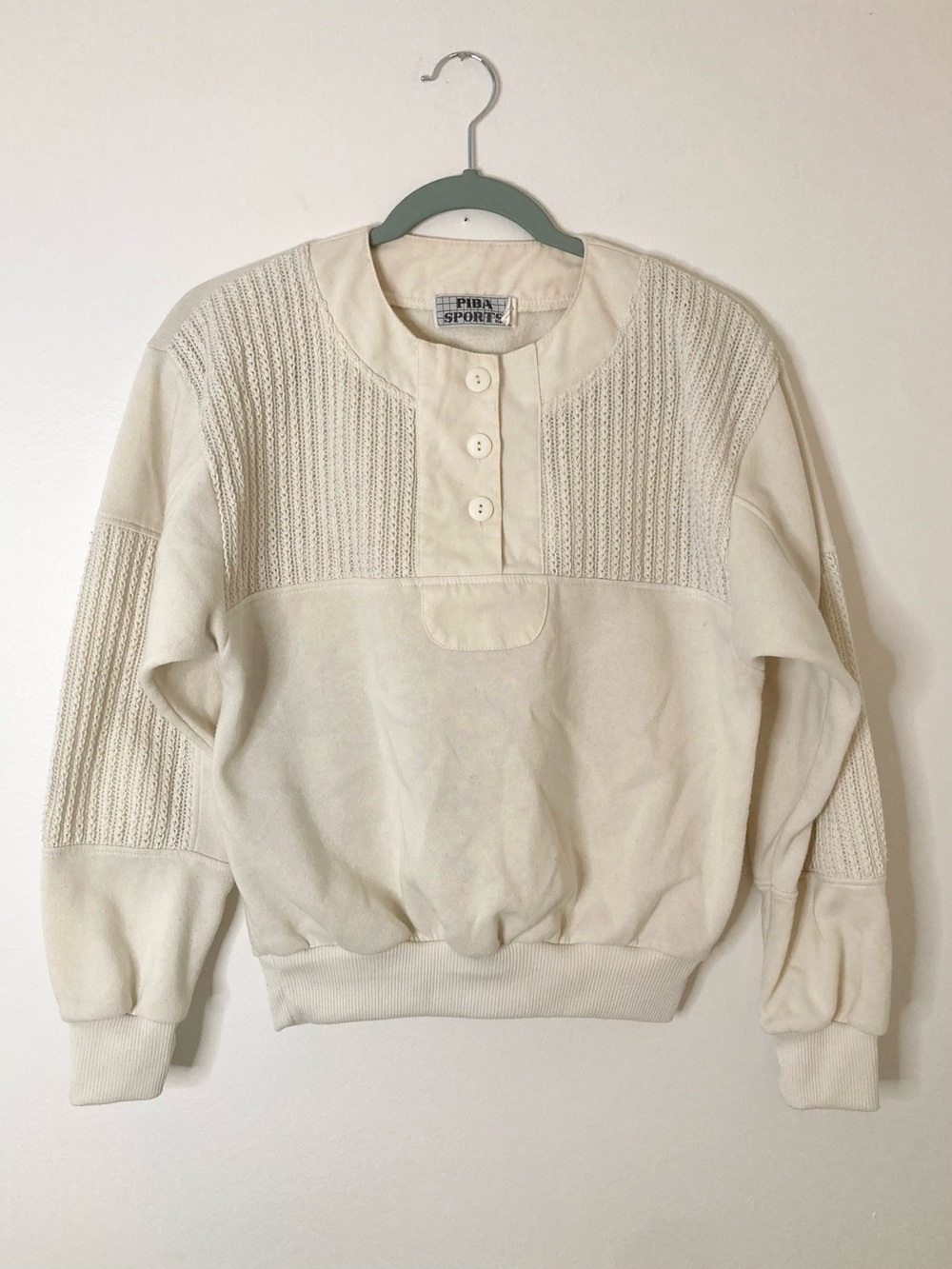 Vintage Piba Sports Cable Knit Preppy Athleisure Henley Sweatshirt L Cream